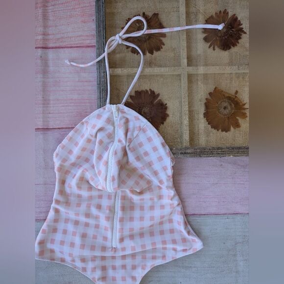 For Love and Lemons Pink Bonnie Zip‎ One Piece Gingham Swimsuit Halter Small - Picture 7 of 11